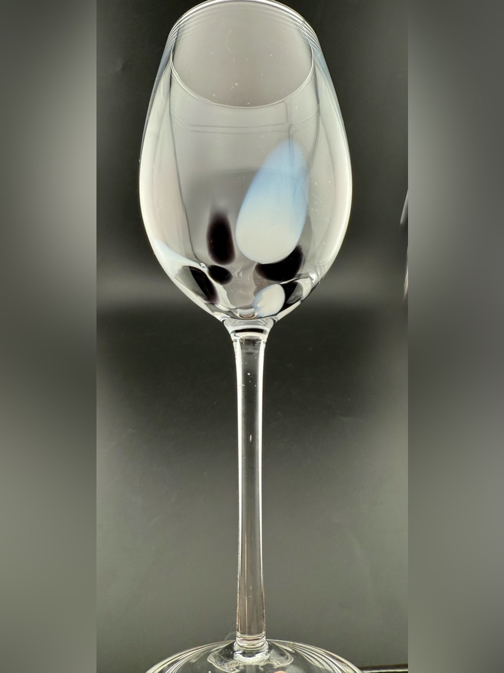 Artisan blown glass 12oz wine glass with black and white marbling.